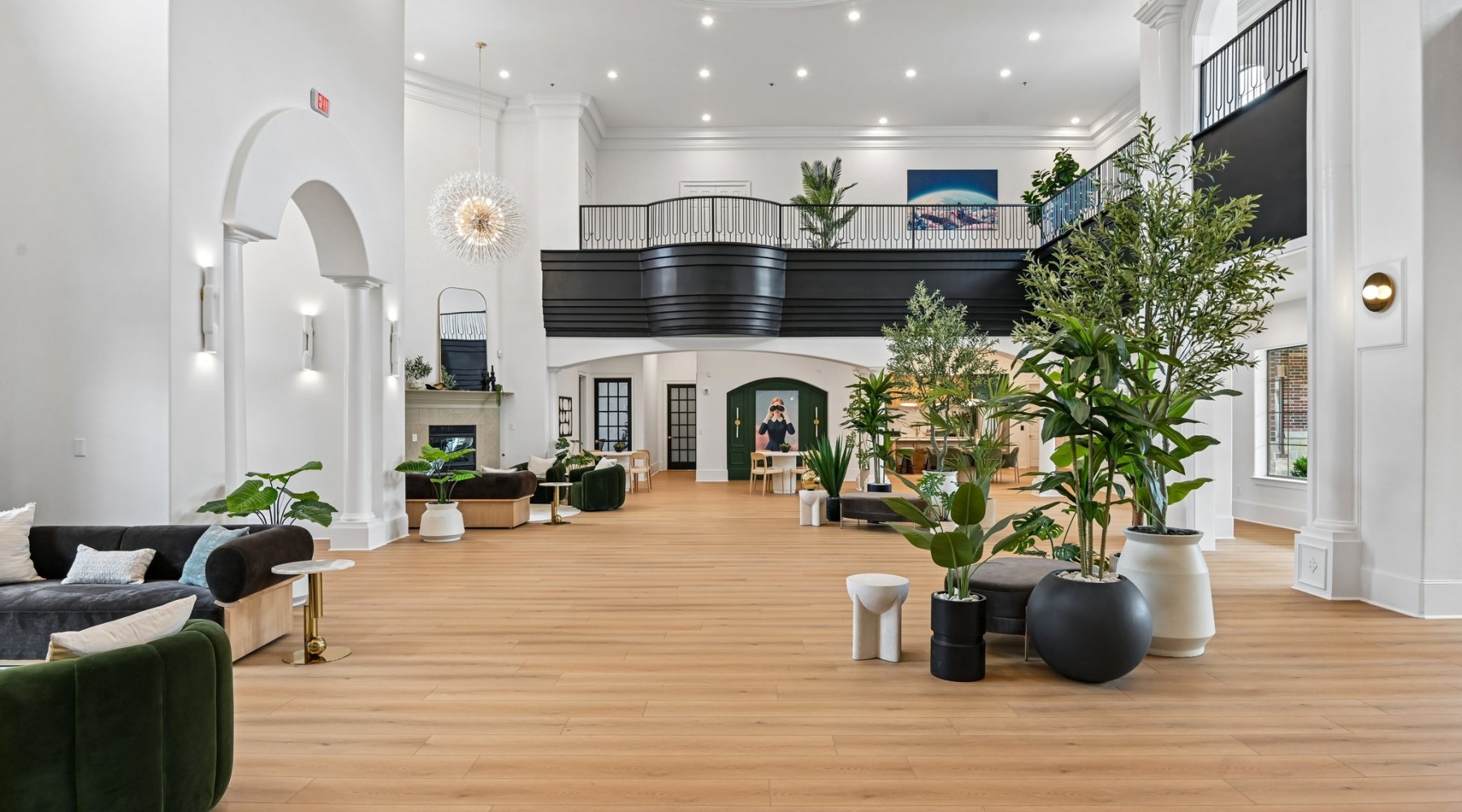 a large room with a balcony