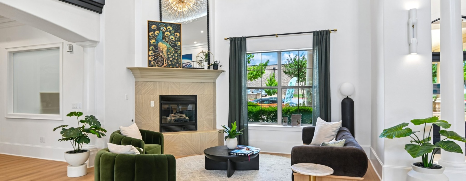 a living room with a fireplace