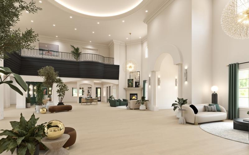 a large room with a balcony
