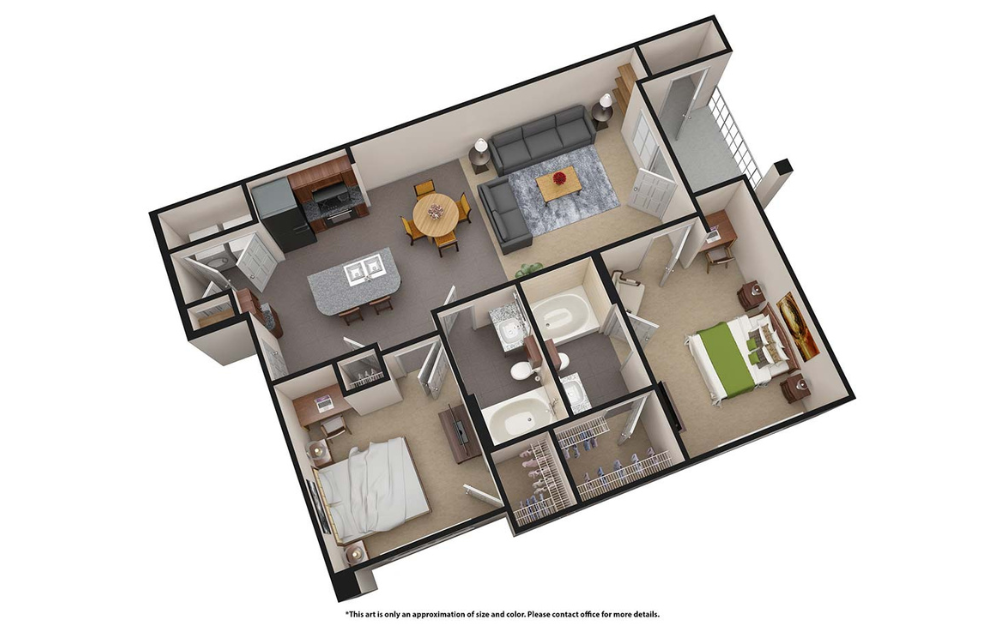 B1 - 2 bedroom floorplan layout with 2 bathrooms and 1056 square feet