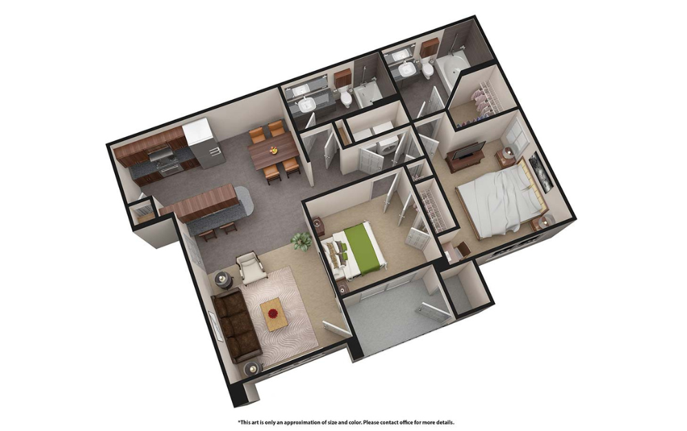 B2 - 2 bedroom floorplan layout with 2 bathrooms and 1046 square feet