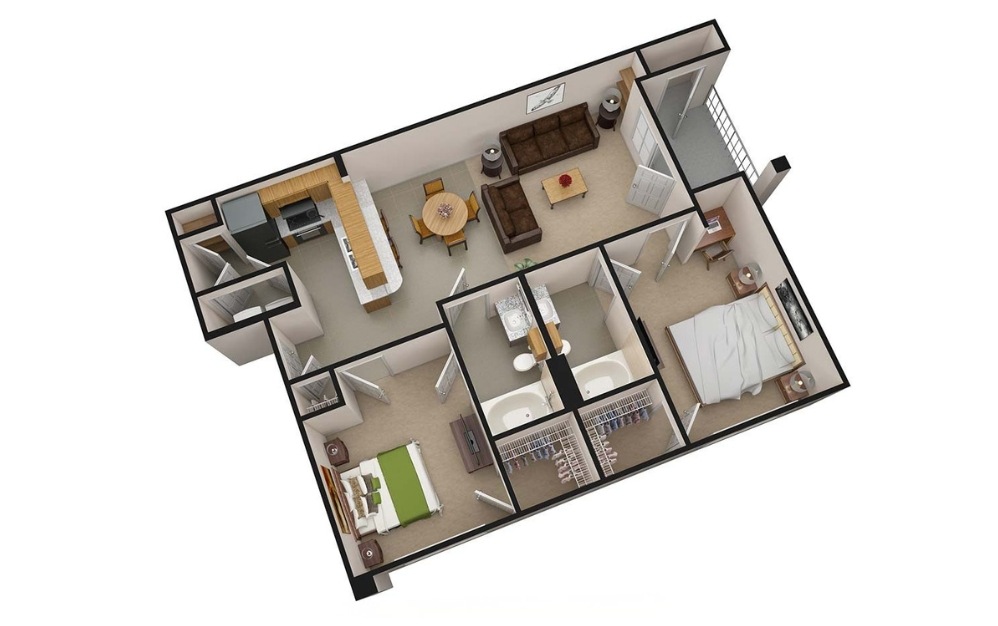 B1 - 2 bedroom floorplan layout with 2 bathrooms and 1056 square feet