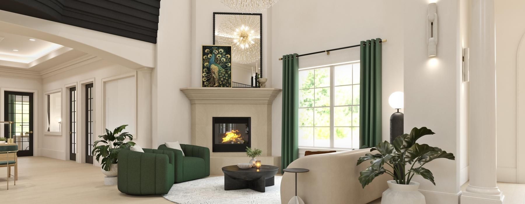 a living room with a fireplace